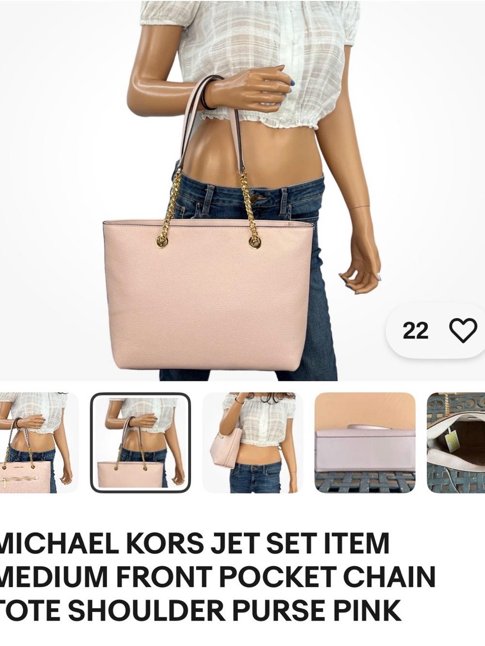 Michael Kors Pale Pink Pebbled Leather Tote with Gold Chain Detail - Picture 7 of 7